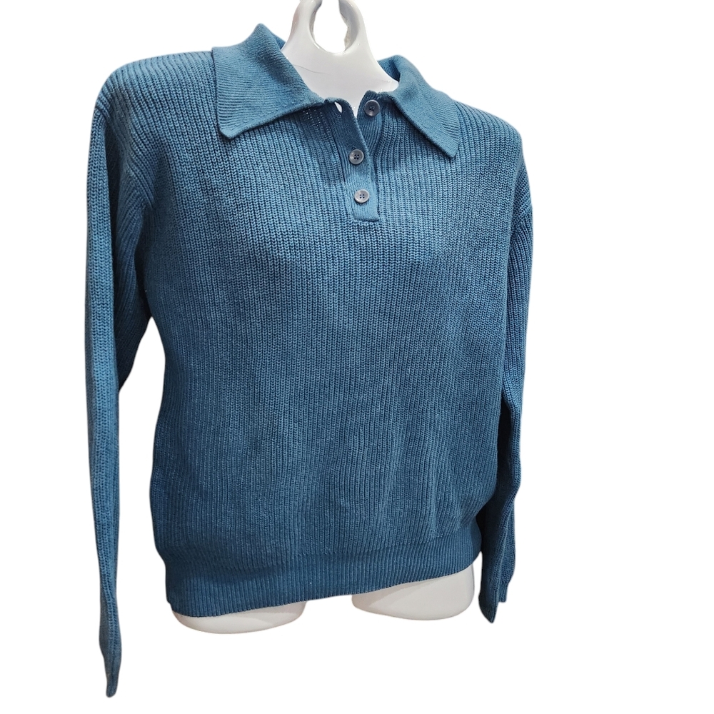 Norm Thompson Teal Linen Blend Ribbed Knit Polo Sweater Coastal Grandma Preppy M